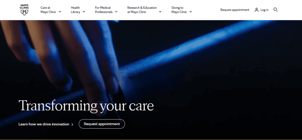 A close-up of a hand touching a glowing blue line, with the text "Transforming your care." Buttons for learning about innovation and requesting an appointment highlight excellent website navigation. Mayo Clinic navigation menu is visible at the top. - Clio Websites | Top Canadian Web Design Company