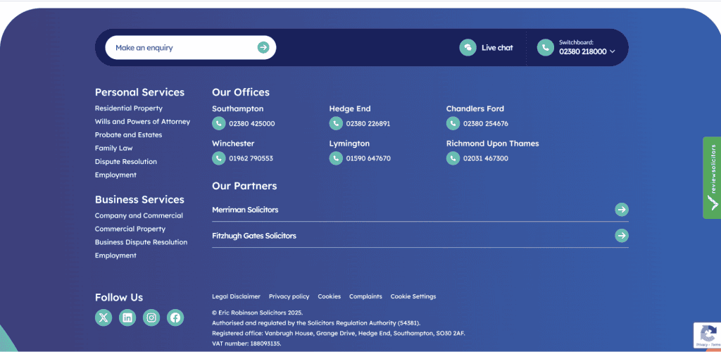 A webpage footer showcasing contact details, ideal for law firm websites. It features Personal and Business Services, Locations, and Partners. Phone numbers for multiple offices are included, alongside social media icons and legal information at the bottom. - Clio Websites | Top Canadian Web Design Company