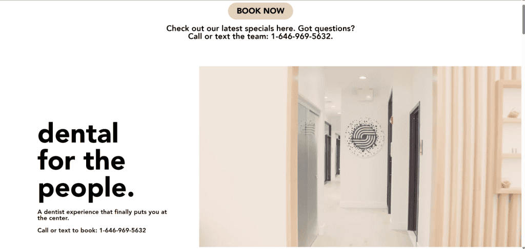 A sleek modern dental office interior features a hallway with wood accents and a logo on the wall. Text reads, "dental for the people." Discover insights from the best dental websites; contact information and a "Book Now" button are prominently displayed above. - Clio Websites | Top Canadian Web Design Company