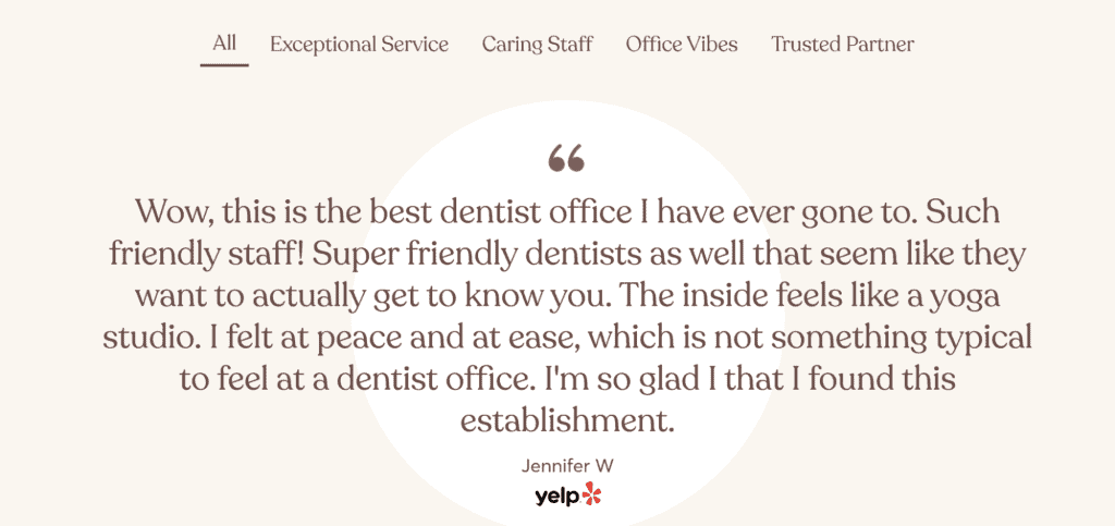 A cream-colored review card showcases a Yelp review lauding a dentist office. The text highlights the friendly staff, yoga studio-like interior, and overall peaceful experience reminiscent of the best dental websites in design. "Jennifer W" is credited as the reviewer, with the Yelp logo below. - Clio Websites | Top Canadian Web Design Company