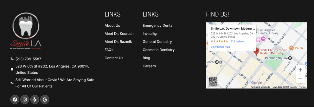 The dental clinic website footer boasts a sleek design featuring contact information, dynamic social media icons, a map with a pinpointed location, and curated links like About Us and Emergency Dental. Ideal for those seeking the best in dental websites. - Clio Websites | Top Canadian Web Design Company