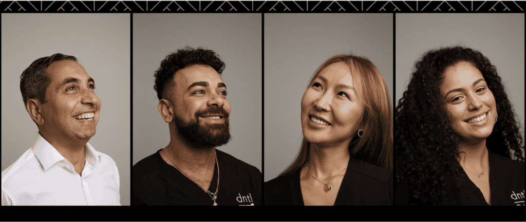 Four diverse individuals, two men and two women, smile as they look upwards, embodying positivity and confidence. Dressed in professional attire against neutral backgrounds, they reflect the essence of best dental website design—sharp, inviting, and professional. - Clio Websites | Top Canadian Web Design Company