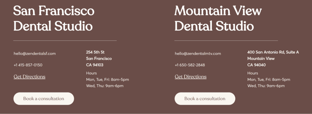 Two side-by-side listings for San Francisco Dental Studio and Mountain View Dental Studio offer a sleek design, showcasing contact info, address, hours, and easy options to get directions or book a consultation online. The clean dental websites feature a brown background with white text for clarity. - Clio Websites | Top Canadian Web Design Company