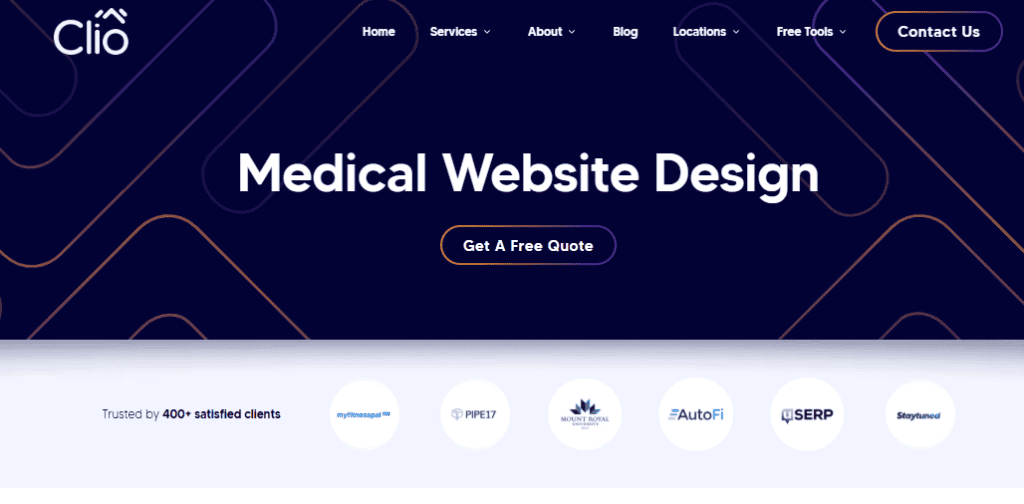 Screenshot of Clio's website homepage featuring a header that reads "Medical Website Design," a "Get A Free Quote" button, and client logos below—an inspiring example for those looking to choose a website designer with confidence. - Clio Websites | Top Canadian Web Design Company