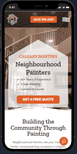 A smartphone screen displays a website for "Calgary Painters - Neighbourhood Painters," featuring clear website navigation, over 20 years of experience, a 2-year warranty, licensed & insured services, and a button for a free quote. - Clio Websites | Top Canadian Web Design Company