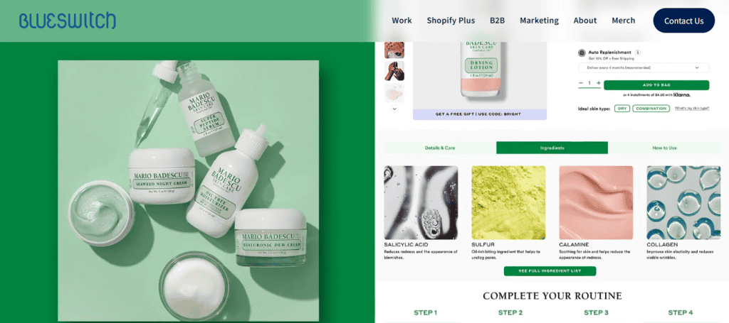 A website designed with e-commerce web design displays skincare products on a green background to the left, including jars and bottles. On the right, it showcases product details, ingredients, and related information for a face cream. - Clio Websites | Top Canadian Web Design Company