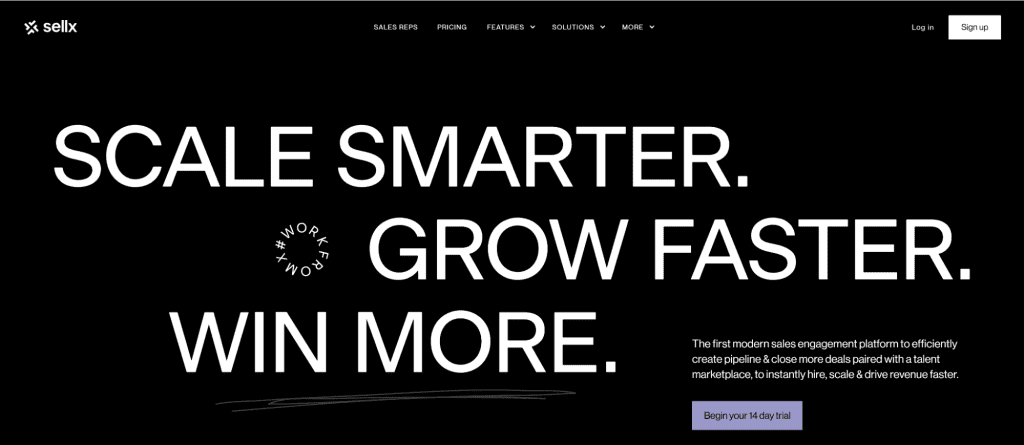 The black webpage exudes inspiration with its white text: "Scale Smarter. Grow Faster. Win More." A small circular design highlights "The Work OS" as an example of innovation. In the bottom right, explore a sales engagement SaaS platform with a button to begin your trial. - Clio Websites | Top Canadian Web Design Company