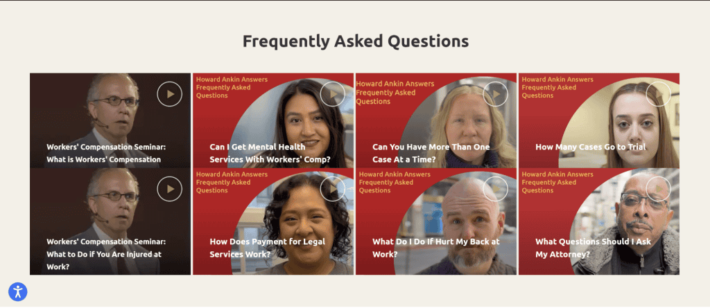A grid of videos titled "Frequently Asked Questions" with thumbnails of different people on a law firm website. Topics include workers' compensation, mental health services, case handling, trial cases, legal service payment, back injuries, and choosing an attorney. - Clio Websites | Top Canadian Web Design Company