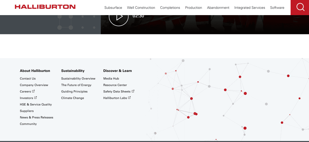Halliburton website menu features clear website navigation with sections like About Halliburton, Sustainability, and Discover & Learn. A sleek red and gray network graphic enhances the website design, with the Halliburton logo in the top left. - Clio Websites | Top Canadian Web Design Company