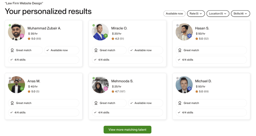 Screenshot of a webpage displaying personalized search results for freelancers. Six profiles shown with names, hourly rates, star ratings, skill tags, and availability status. A button labeled "View more matching talent" is at the bottom. - Clio Websites | Top Canadian Web Design Company
