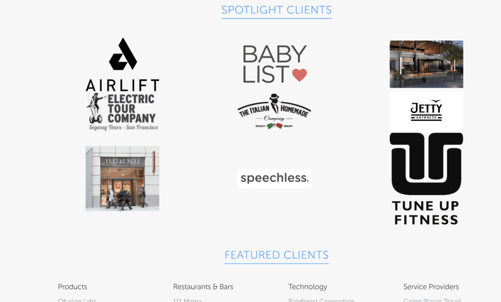 Logos of various companies are displayed: Airlift Electric Tour Company, Baby List, The Italian Homemade Company, Jetty, Speechless, Tune Up Fitness, and Law Firm Websites. An image of a storefront with a hanging sign reading "Jasper 395" is shown below. - Clio Websites | Top Canadian Web Design Company