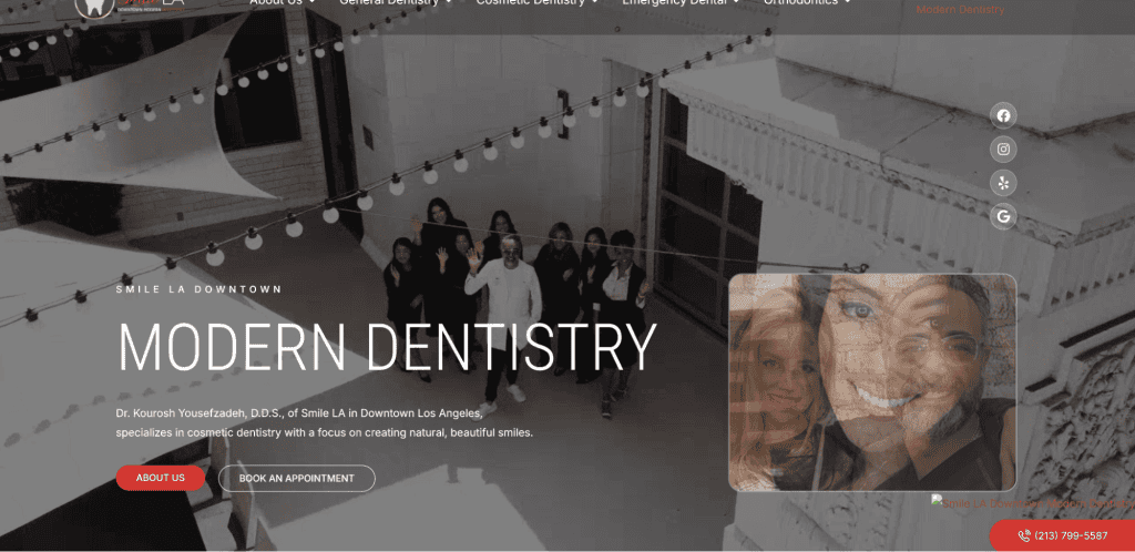 A dentist and team in black attire pose in a courtyard adorned with string lights, reflecting the aesthetics of the *Best Dental Design*. The text reads "Modern Dentistry" with contact details. A smaller overlapping image shows a smiling woman's face beside another person. - Clio Websites | Top Canadian Web Design Company