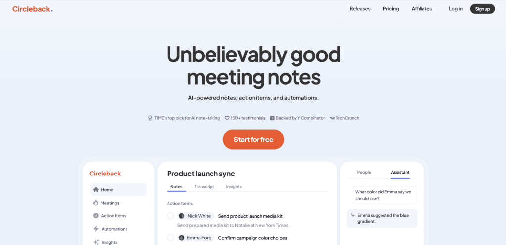 Screenshot of an inspiring SaaS website, "Circleback," showcasing the tagline "Unbelievably good meeting notes." Features include a "Start for free" button, menu links, and sections with notes and tasks. The AI-powered tool is an example of efficient meeting management. - Clio Websites | Top Canadian Web Design Company
