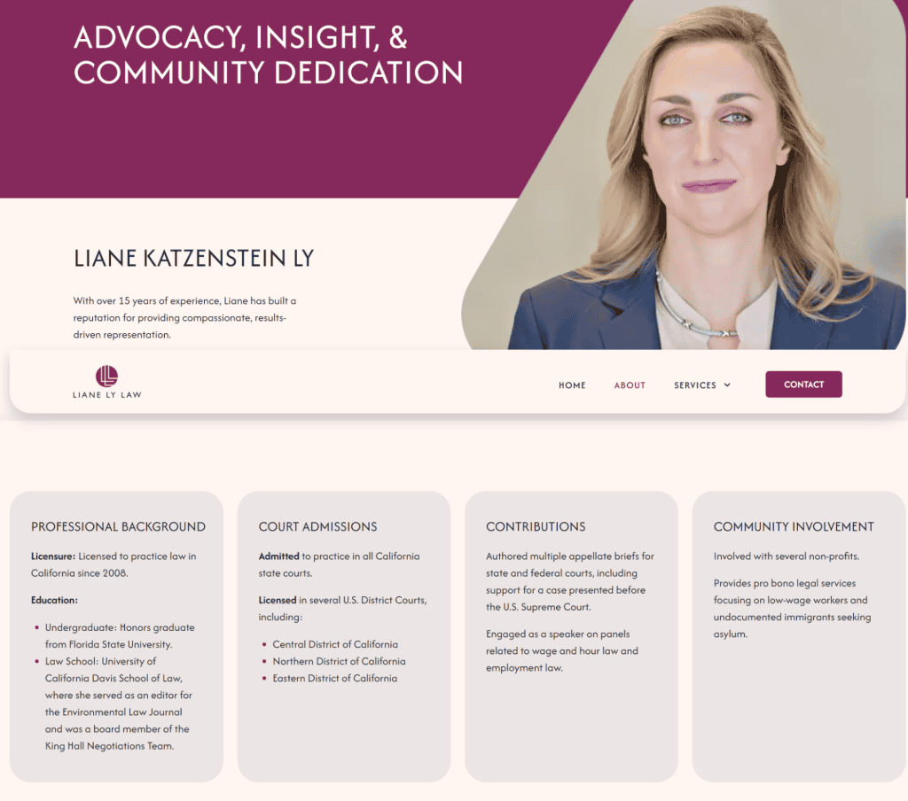 A professional law firm website screenshot featuring lawyer Liane Katzenstein Ly. It includes sections on personal background, court admissions, contributions, and community involvement against a purple and white theme. A portrait of Liane graces the top right corner. - Clio Websites | Top Canadian Web Design Company