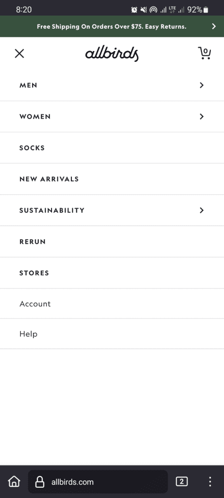 Screenshot of the Allbirds mobile website menu showcasing website navigation examples, with categories like Men, Women, Socks, and Sustainability. A free shipping banner is displayed at the top. - Clio Websites | Top Canadian Web Design Company