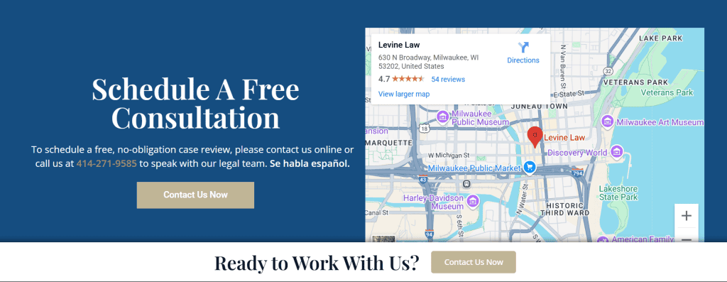 Screenshot of a law firm’s website shows a map with Levine Law’s Milwaukee location and contact info. Large text offers a free consultation, a “Contact Us Now” button, blue background, and clear website navigation links. - Clio Websites | Top Canadian Web Design Company