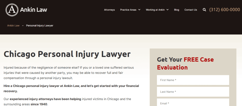 Screenshot of Ankin Law's website page titled "Chicago Personal Injury Lawyer," a prime example of professional law firm websites. Includes a call to action for a free case evaluation with fields for first and last name, email, and phone number. The top menu features links like Attorneys and Practice Areas. - Clio Websites | Top Canadian Web Design Company