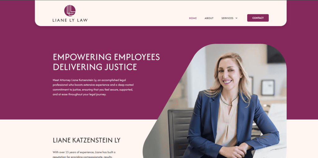 Website for Liane Ly Law featuring a woman in a professional suit sitting and smiling. The site has sections titled "About," "Service," "Resources," and "Contact" with the tagline "Empowering Employees Delivering Justice." Attorney Liane is highlighted. - Clio Websites | Top Canadian Web Design Company