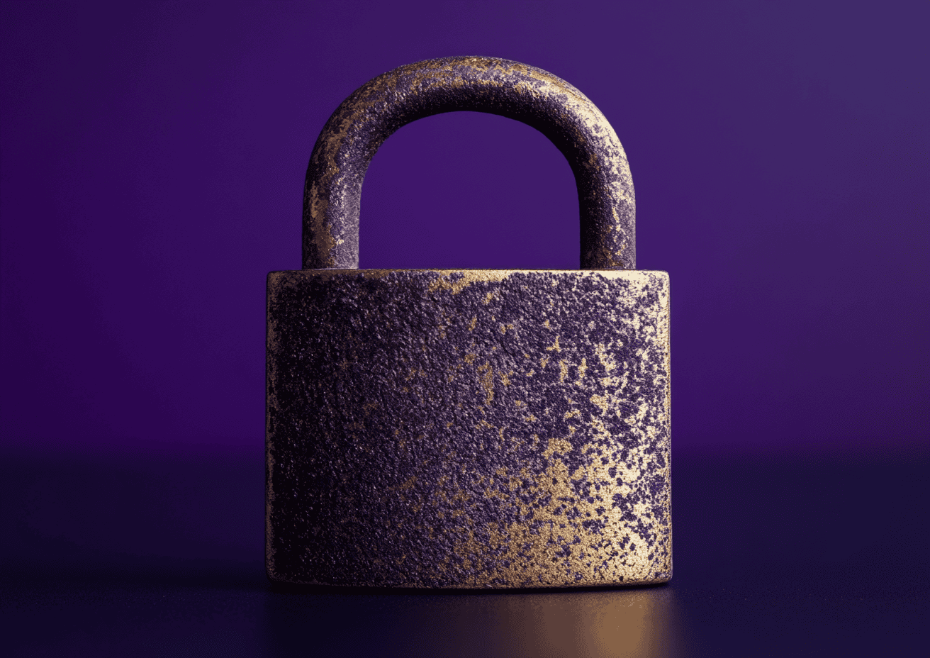 A rusty, textured padlock with a dark, weathered appearance stands upright against a vibrant purple background, much like the security Calgary website maintenance ensures. The lock's gold and dark hues emphasize its aged condition, symbolizing the steadfast protection of digital assets. - Clio Websites | Top Canadian Web Design Company