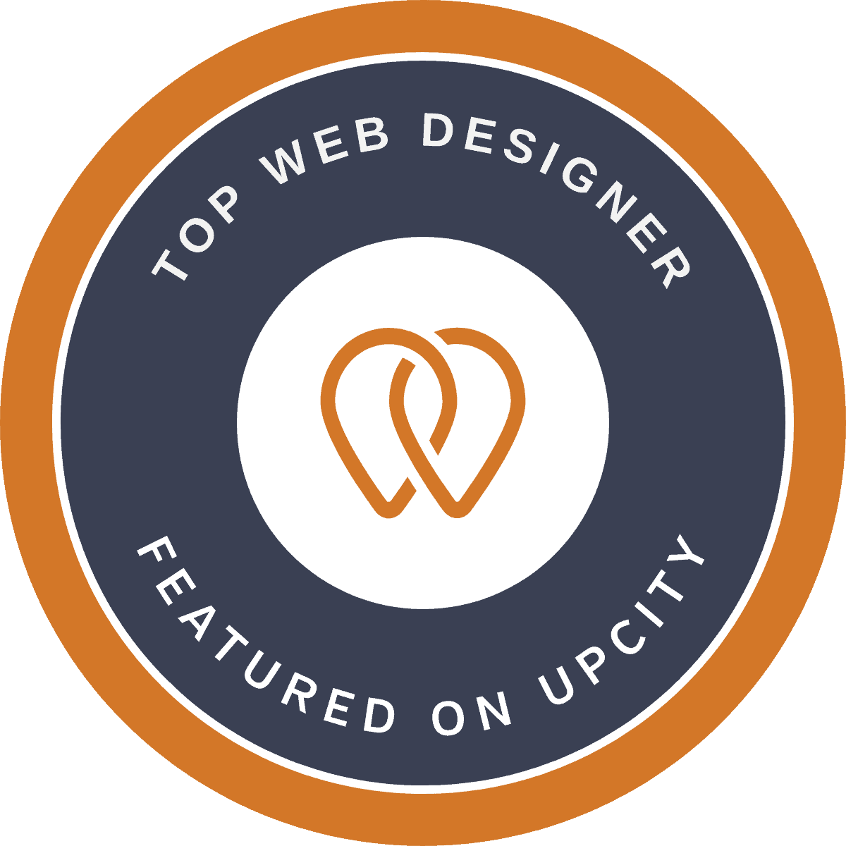 A circular badge with an orange background features the words "Top Web Designer Featured on UpCity" in white around the edge. At its center, a heart-shaped icon symbolizes creativity, reflecting top-tier Clio websites against a navy blue backdrop. - Clio Websites | Top Canadian Web Design Company