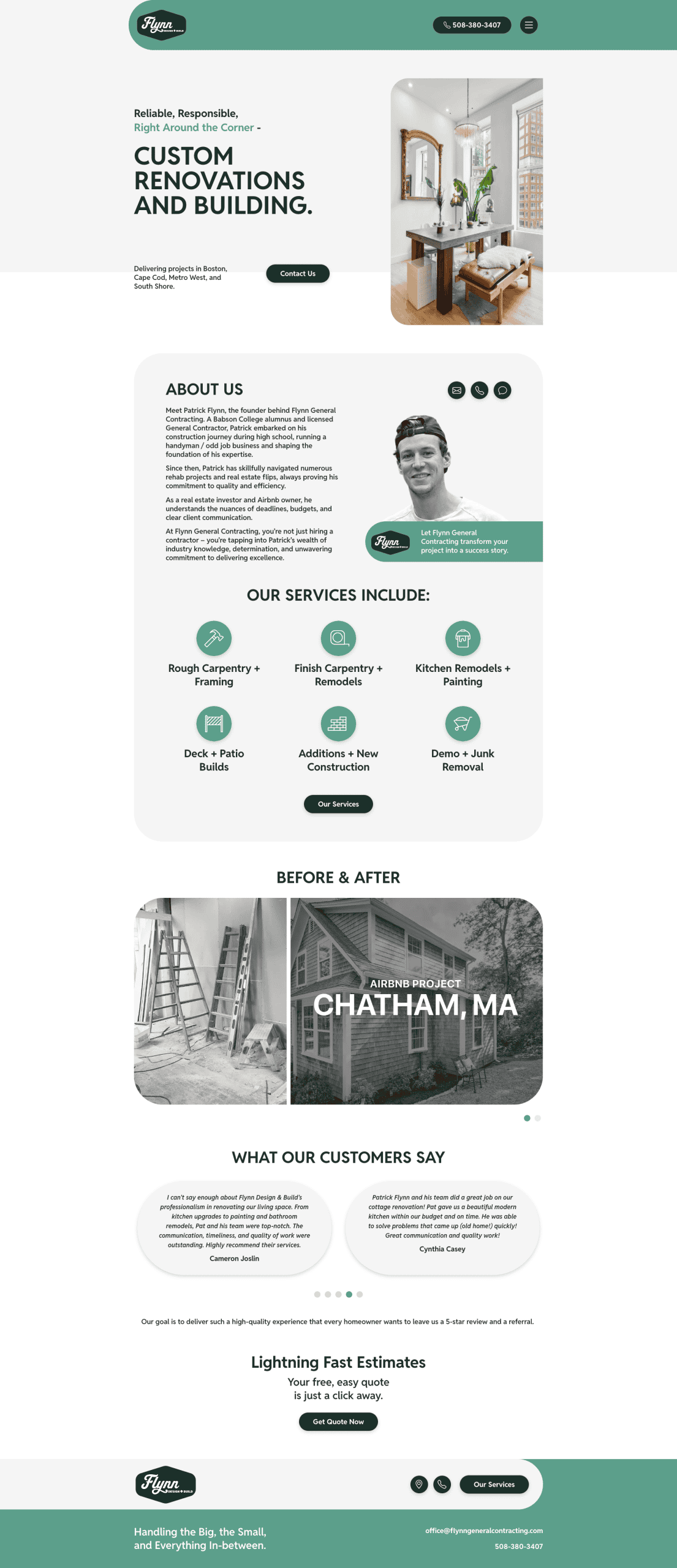 Screenshot of a renovation company website featuring custom renovations and building. Includes service offerings, an about section with a photo, before-and-after images, customer reviews, and a contact button for fast estimates. Green and white color scheme. - Clio Websites | Top Canadian Web Design Company