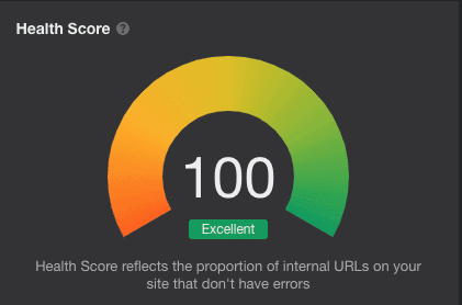 A gauge with a health score of 100, labeled "Excellent," sits against a red-to-green gradient background. Perfect for a medical clinic theme, this reflects the proportion of error-free internal URLs on a site, ensuring seamless digital health. - Clio Websites | Top Canadian Web Design Company