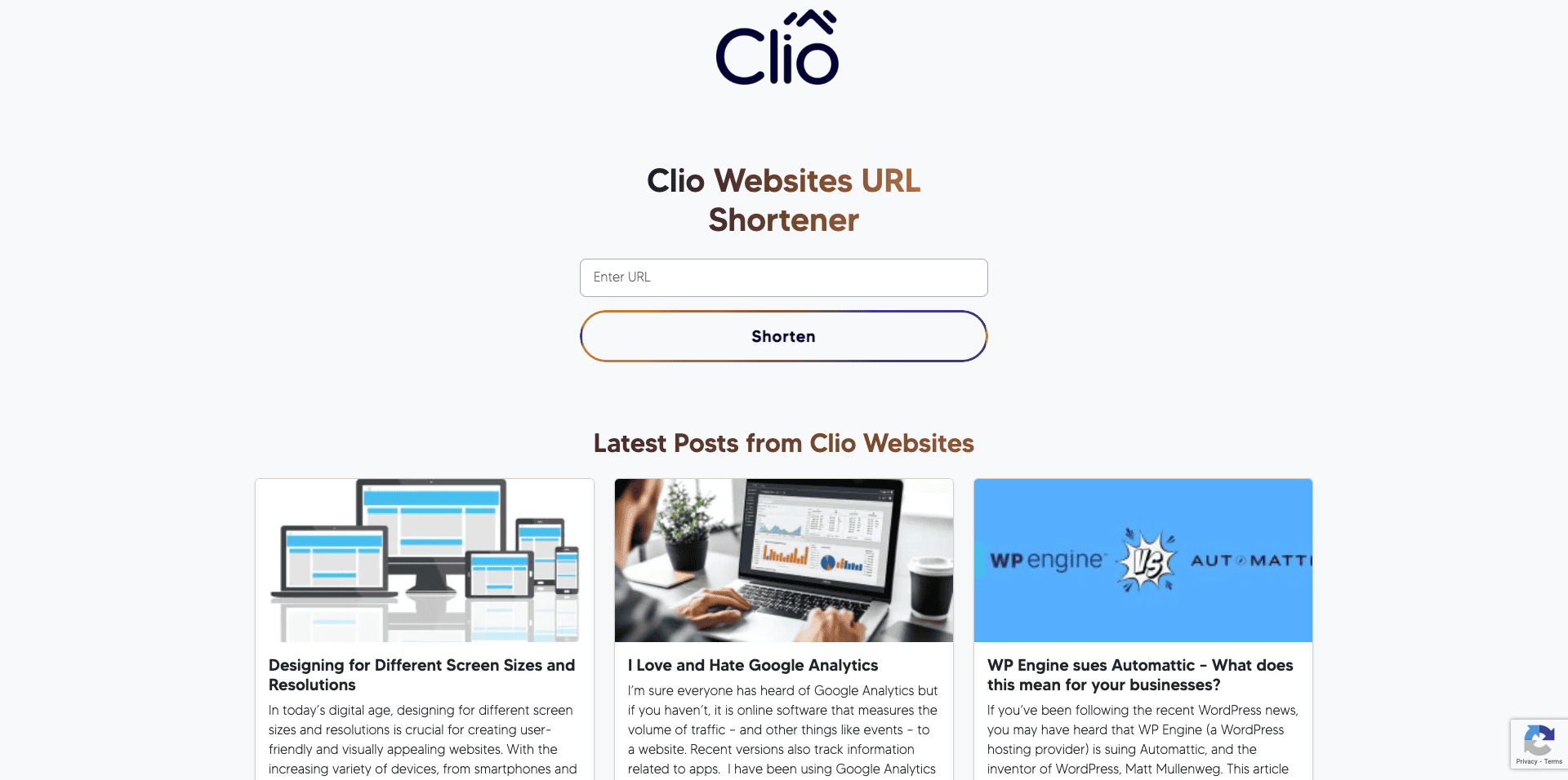 Screenshot of the Clio Websites URL Shortener page, showcasing a free tool with a URL input box and "Shorten" button. Below, explore blog post previews with images and insights on screen size design, Google Analytics, and WP Engine using Automattic. - Clio Websites | Top Canadian Web Design Company