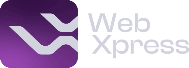 Logo of Web Xpress, a SaaS website design firm, featuring a purple square with white stylized "W" and "X" shapes. The text "Web Xpress" is elegantly written in light gray to the right of the square. - Clio Websites | Top Canadian Web Design Company