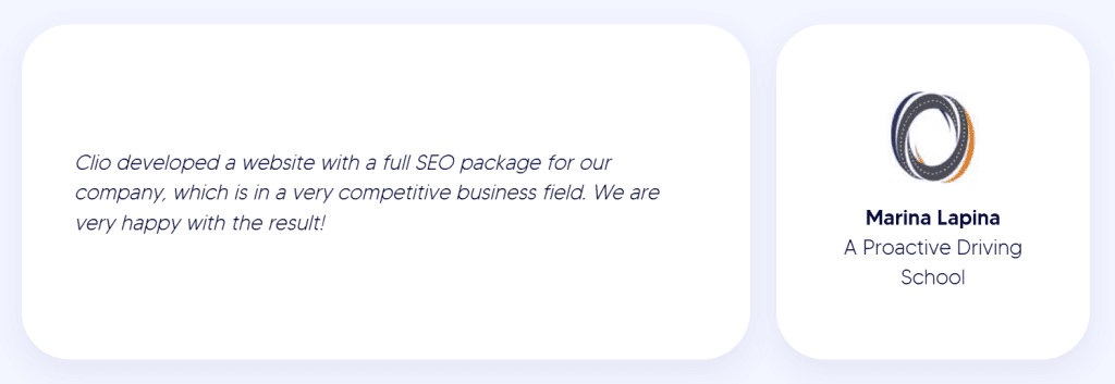 Clio developed an impressive website with a full SEO package for our highly competitive business. As a business owner, I am thrilled with the result and the reasonable website cost! On the right, a logo reads: "Marina Lapina, A Proactive Driving School. - Clio Websites | Top Canadian Web Design Company