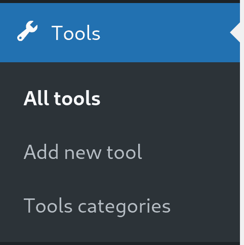 A sidebar menu titled "Tools" with options: "All tools" (bolded), "Add new tool," and "Tools categories," on a blue and dark gray background—ideal for managing tools in a CMS like WordPress and enjoying the benefits of organized navigation. - Clio Websites | Top Canadian Web Design Company