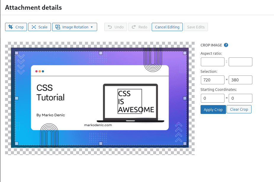 Screenshot of an image editing interface showing a graphic titled "CSS Tutorial" by Marko Denic, featuring a laptop with "CSS IS AWESOME" on the screen and crop tool options—an ideal visual for showcasing CSS benefits in WordPress or any CMS. - Clio Websites | Top Canadian Web Design Company