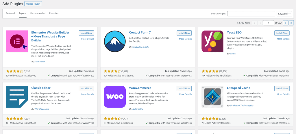 Screenshot of the WordPress plugin directory highlights top plugins like Elementor, Contact Form 7, Yoast SEO, and WooCommerce, showcasing their benefits in enhancing your CMS with easy install buttons and essential details. - Clio Websites | Top Canadian Web Design Company