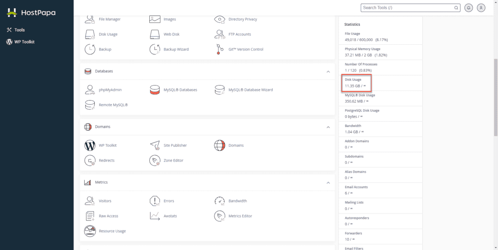 wordpress-website-size-cpanel-screenshot