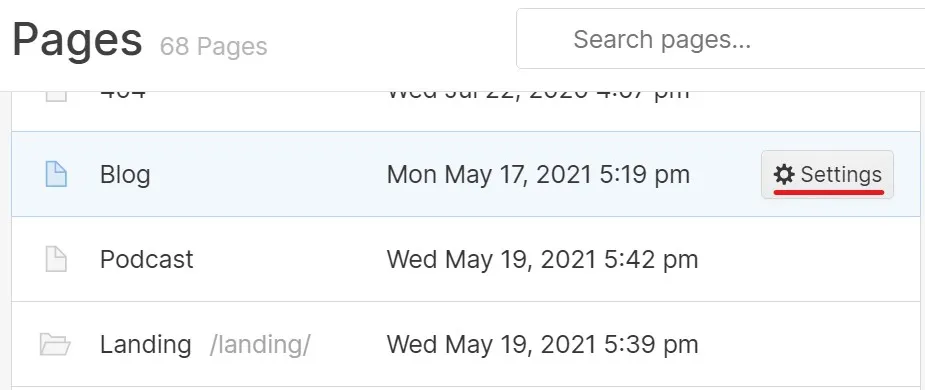 Page settings button in Webflow Editor pages menu