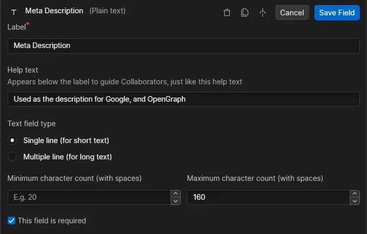 An example of the Meta Description CMS field from the HTML All The Things site