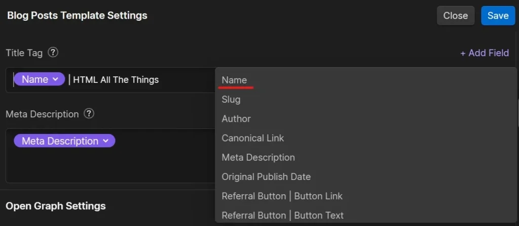 Adding a dynamic field for the Title Tag in the Webflow Designer