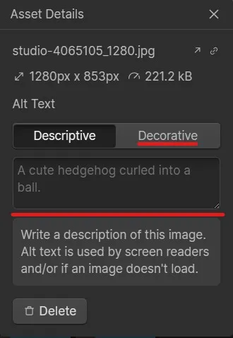 Alt text editor from the Assets panel