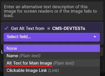 Selecting our custom CMS field for the CMS image