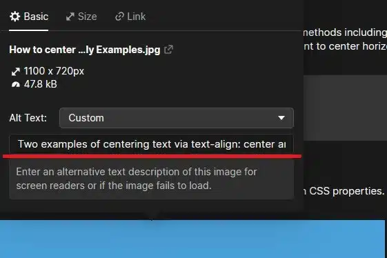 Rich text image settings menu