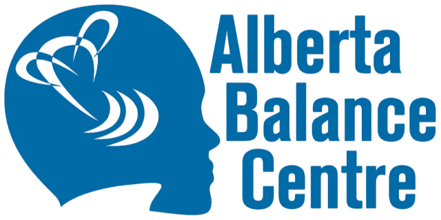 Logo of Alberta Balance Centre featuring a stylized profile of a person's head in blue, with swirling lines symbolizing balance and two abstract shapes resembling butterfly wings near the ear, echoing the clean aesthetic of a medical website design. The name is written in bold letters on the right. - Clio Websites | Top Canadian Web Design Company