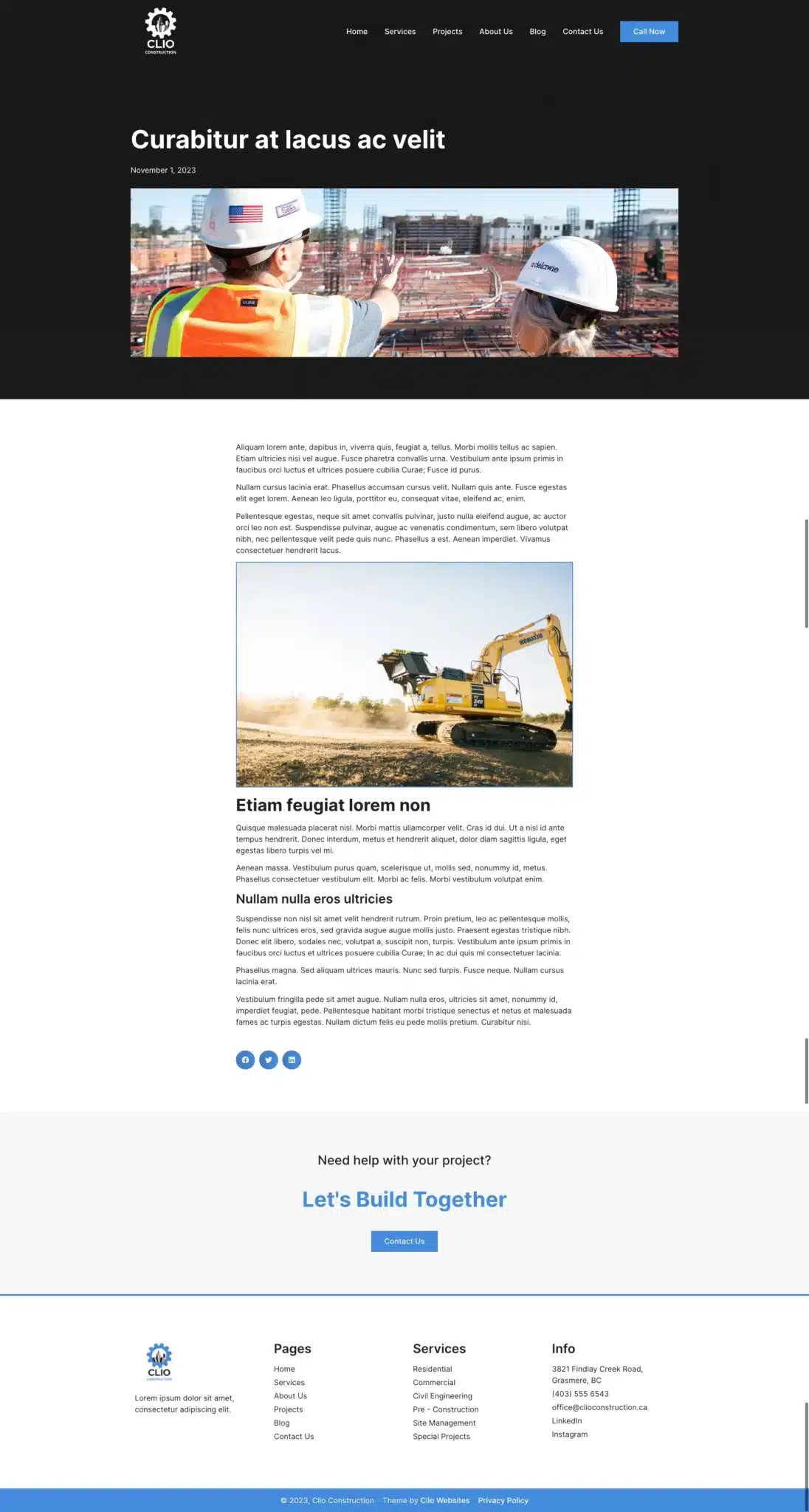 A construction-themed website screenshot features two workers in hard hats on a busy building site. Below, text accompanies a smaller image of an excavator. The footer includes contact details and links to company information and services. - Clio Websites | Top Canadian Web Design Company