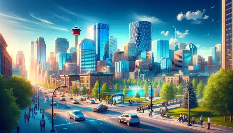 A vibrant cityscape featuring a modern skyline reminiscent of Calgary web design, with various skyscrapers under a clear blue sky. A busy street with cars and pedestrians fills the foreground, while a green park offers a refreshing contrast among the towering buildings. - Clio Websites | Top Canadian Web Design Company
