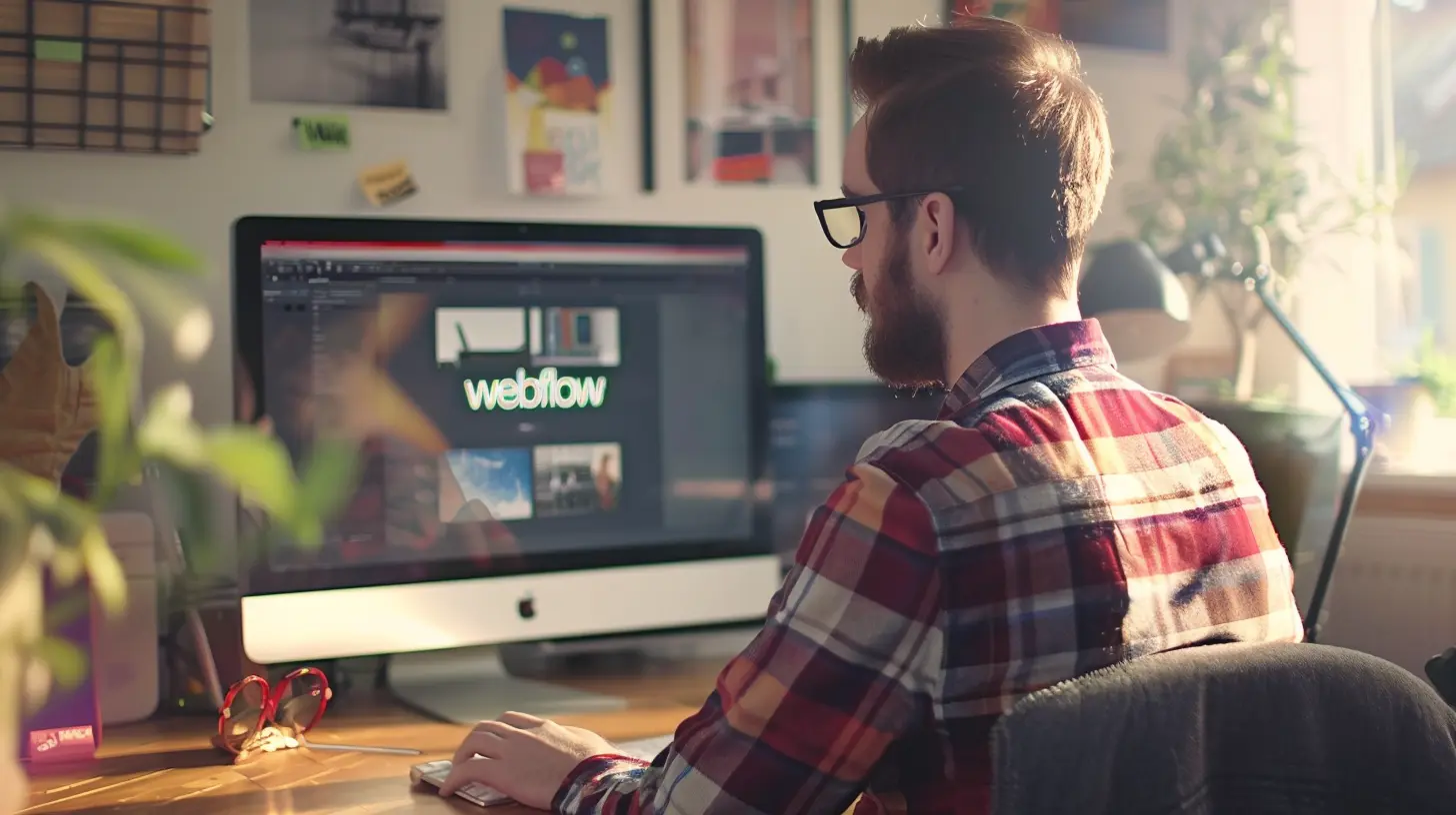 A person wearing glasses and a plaid shirt works intently on their computer, showcasing the Calgary Webflow Design and Development skills with the Webflow logo proudly displayed on the screen. The desk, adorned with plants and sunglasses, is bathed in sunlight streaming through a nearby window. - Clio Websites | Top Canadian Web Design Company