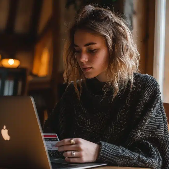 A person with wavy hair sits at a table, credit card in hand, engrossed in ecommerce development details on their laptop screen. The warmly lit room and wooden surroundings add a cozy backdrop to the scene. - Clio Websites | Top Canadian Web Design Company