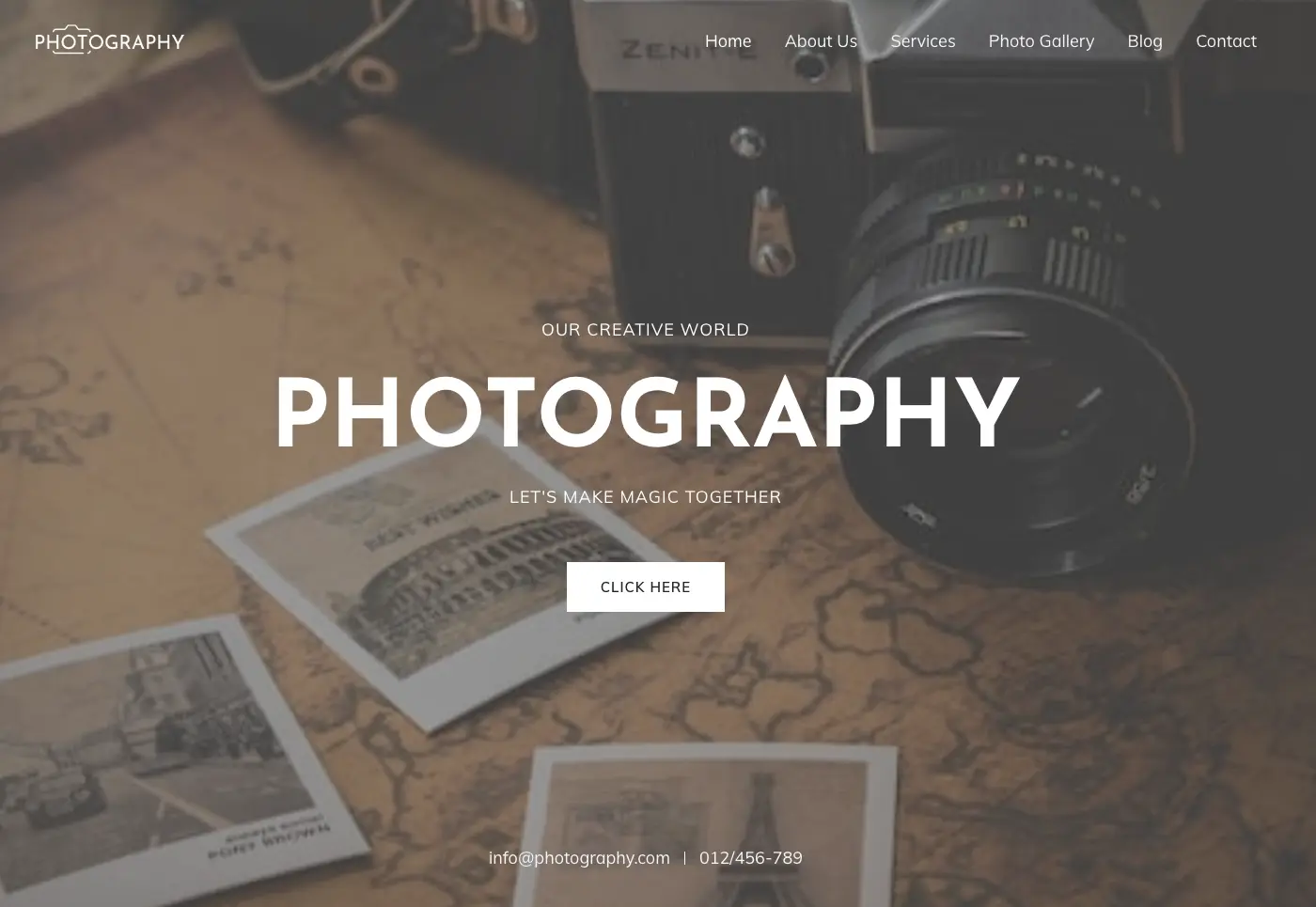 A vintage camera and scattered photographs on a themed map background. Text reads "Photography: Let's Make Magic Together" with a "Click Here" button. Navigation menu includes Home, About Us, Services, Photo Gallery, Blog, and Contact. Contact info at the bottom. - Clio Websites | Top Canadian Web Design Company
