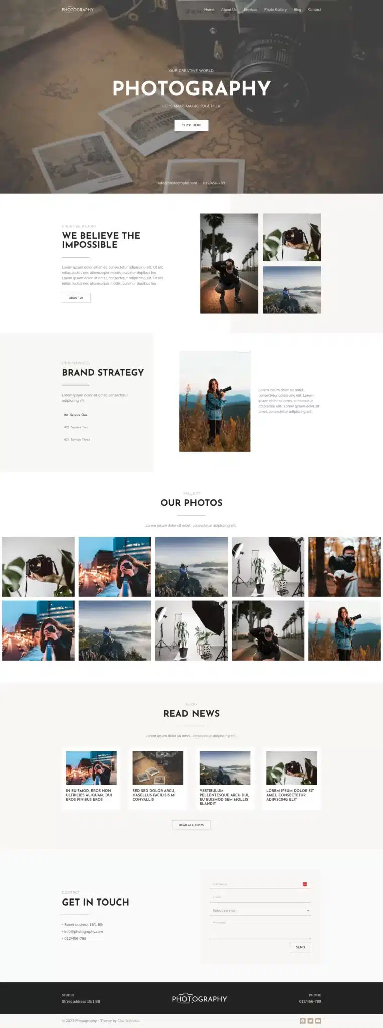 The website layout showcases a stunning photography portfolio, utilizing free Elementor themes for a sleek design. It features a menu, featured images, a brand strategy section, gallery, news updates, and a contact form at the bottom, all set against a minimalist white background. - Clio Websites | Top Canadian Web Design Company