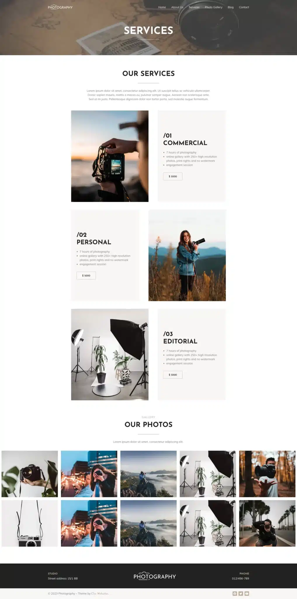 Welcome to our photography-themed services webpage, featuring sections for commercial, personal, and editorial photography. Explore images of cameras, a person with a camera, studio setups, and stunning photo samples carefully arranged in a grid layout. - Clio Websites | Top Canadian Web Design Company