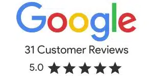 The image showcases a Google review rating graphic for Clio websites. It features the Google logo, text stating "31 Customer Reviews," and displays a 5.0-star rating with five black stars. - Clio Websites | Top Canadian Web Design Company
