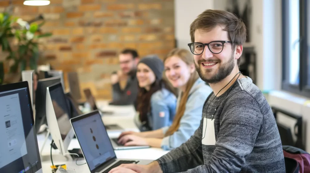 A group of people sitting at a long desk with laptops, smiling at the camera. The modern Calgary office space boasts a brick wall and plants. The focus is on a person wearing glasses in the foreground, highlighting their expertise in Webflow design and development. - Clio Websites | Top Canadian Web Design Company