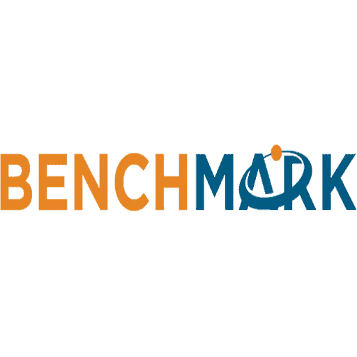 The image displays the word "BENCHMARK" in bold letters, with "BENCH" in orange and "MARK" in dark blue. The stylized letter "A," adorned with a triangle, evokes a graph—perfectly aligning with its use in an SEO-focused section or testimonials. - 极速168体彩赛车号码历史结果预测-一分钟查询全历史记录查询-极速汽车168官网记录